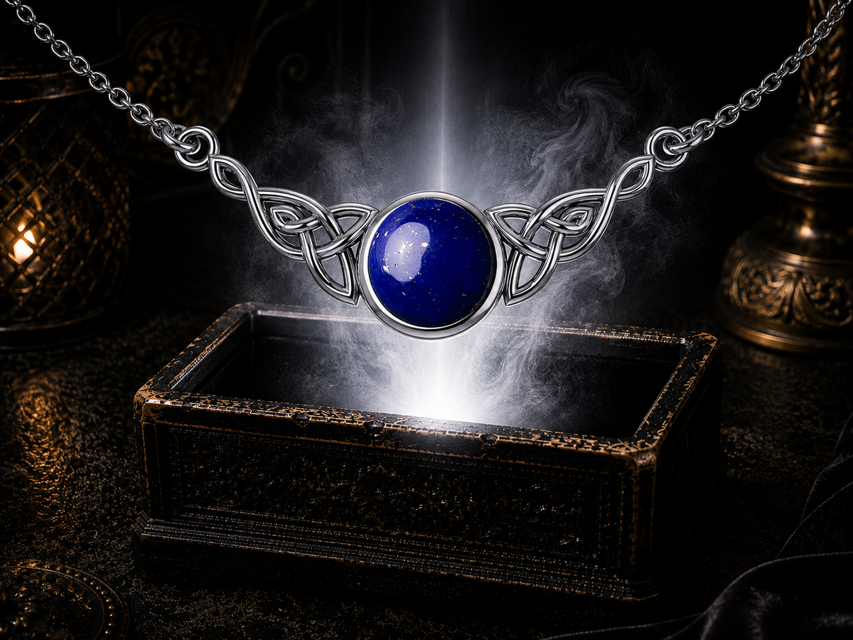 Lapis Celtic knot sterling silver filigree necklace floating above a luminous dark jewelry chest with mystical lighting