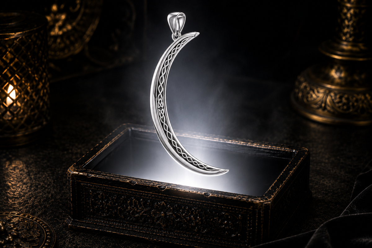 Large sterling silver crescent moon pendant featuring intricate Celtic knotwork floating above an ornate jewelry box in a dark cinematic luxury setting illuminated by a soft mystical glow.