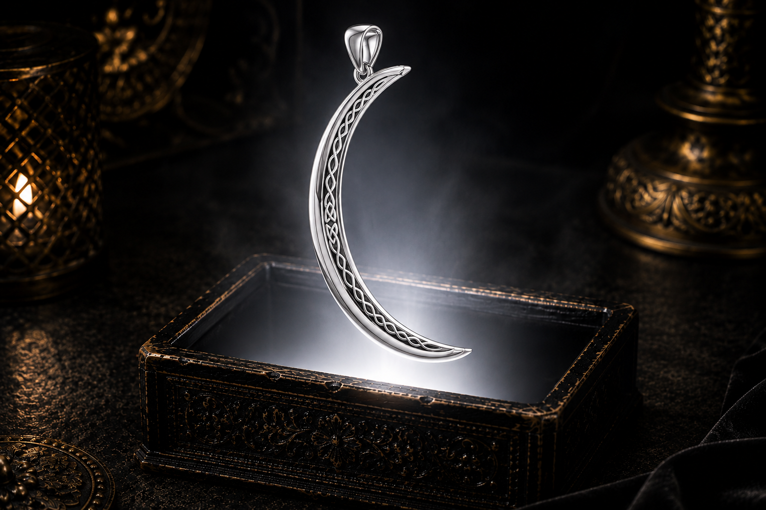 Large sterling silver crescent moon pendant featuring intricate Celtic knotwork floating above an ornate jewelry box in a dark cinematic luxury setting illuminated by a soft mystical glow.