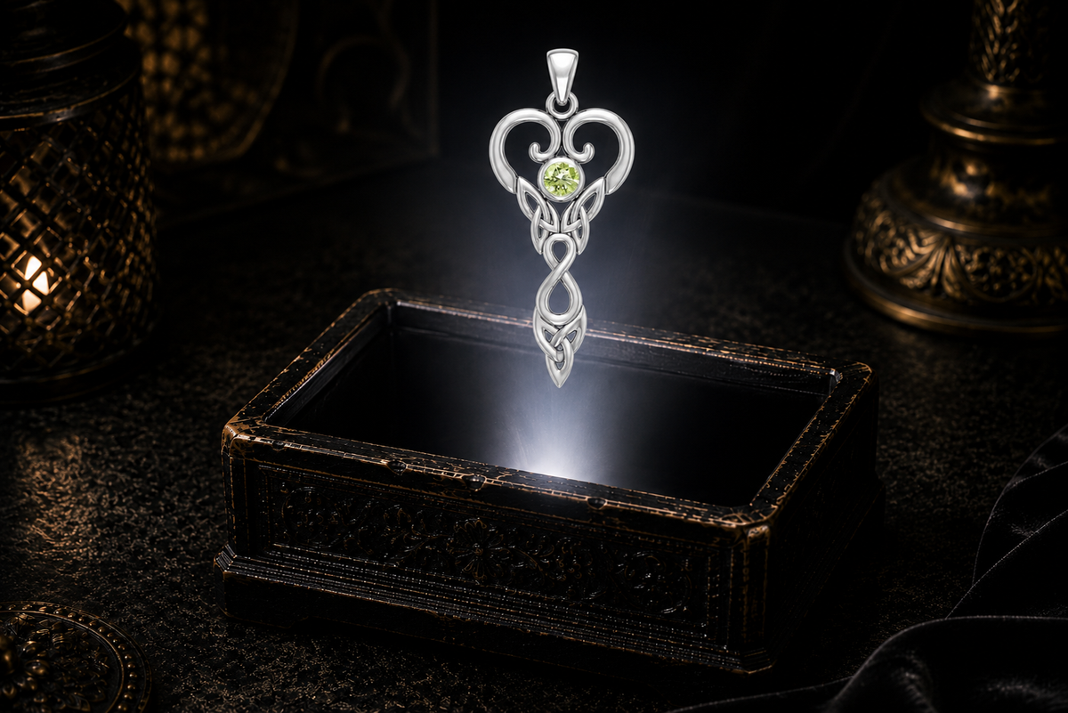 Leo Celtic Goddess pendant with genuine peridot hovering over a weathered black and gold jewelry coffer