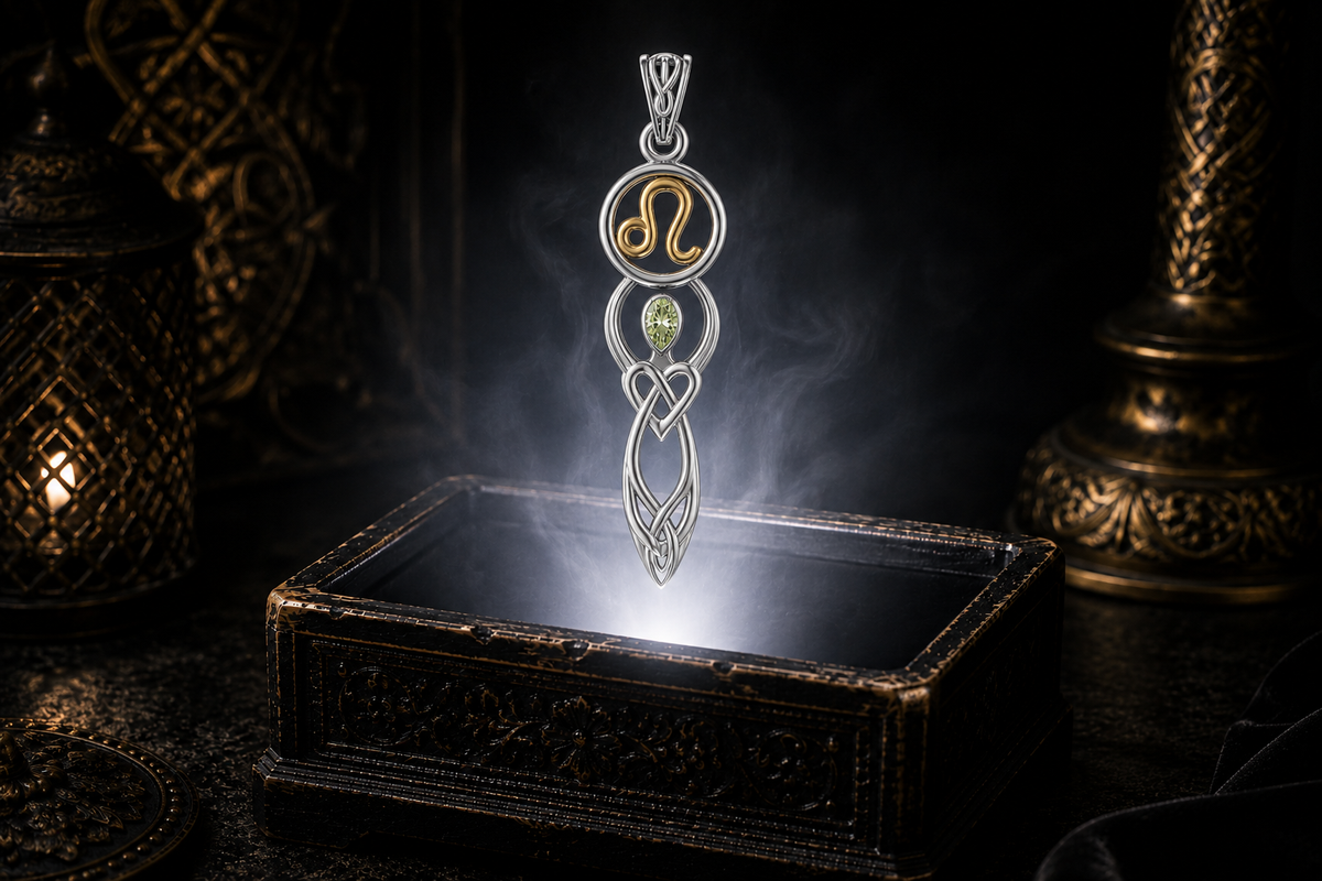 Sterling silver Leo birthstone pendant with peridot, gold accents, and Celtic goddess symbolism showcased above an antique jewelry box surrounded by mystical light and shadow.