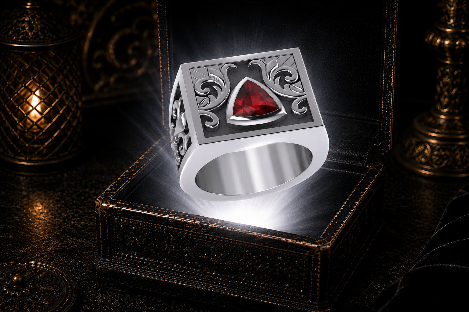Fleur de Lis recovery ring in sterling silver with garnet gemstone floating above a glowing antique jewelry box in a dark cinematic gothic setting