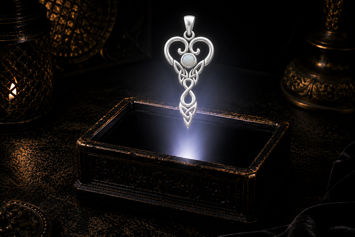 Libra Zodiac Goddess pendant with created opal floating above an ornate coffer in a moody candlelit scene