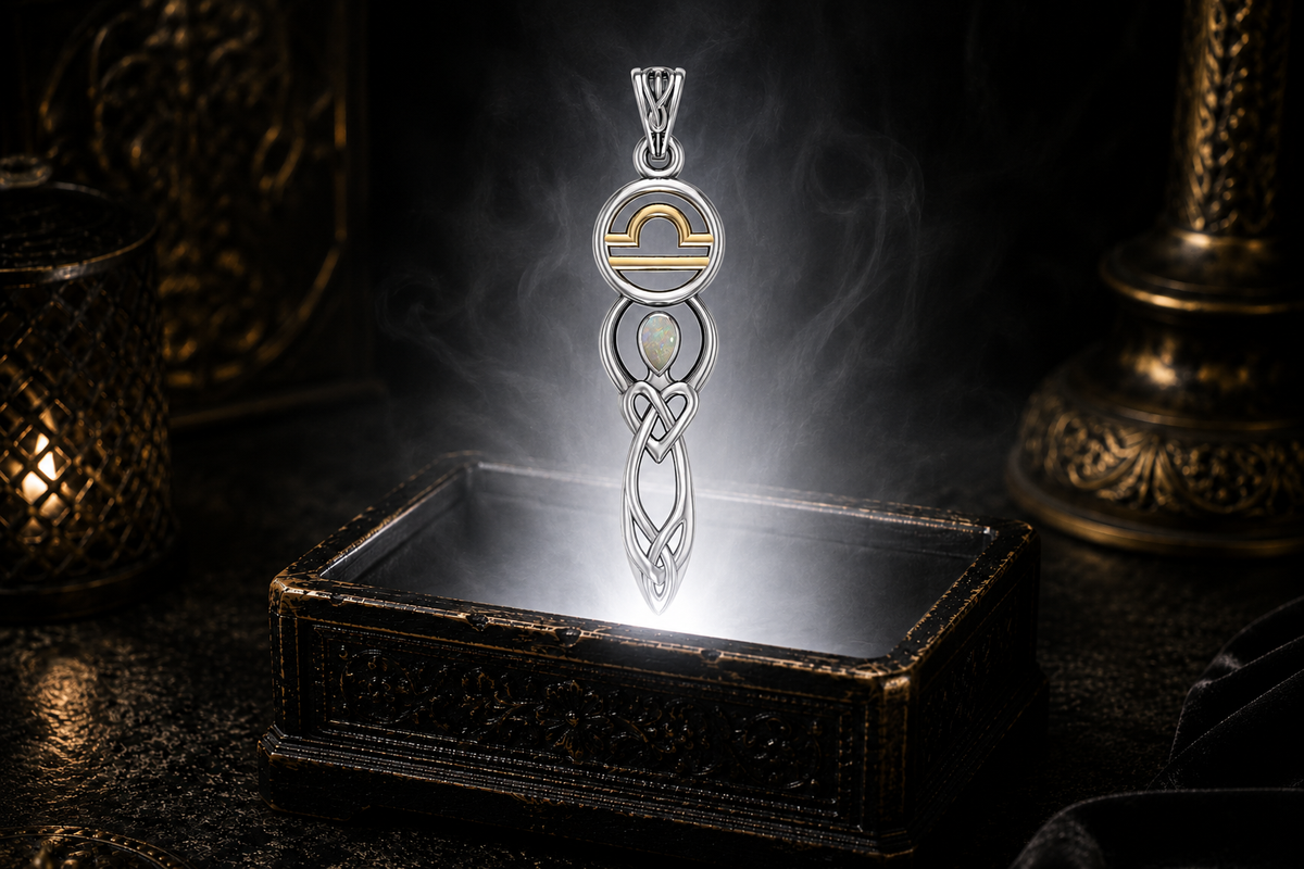 Sterling silver Libra goddess pendant featuring opal and intricate Celtic knotwork displayed above a luminous jewelry chest in a cinematic luxury environment.