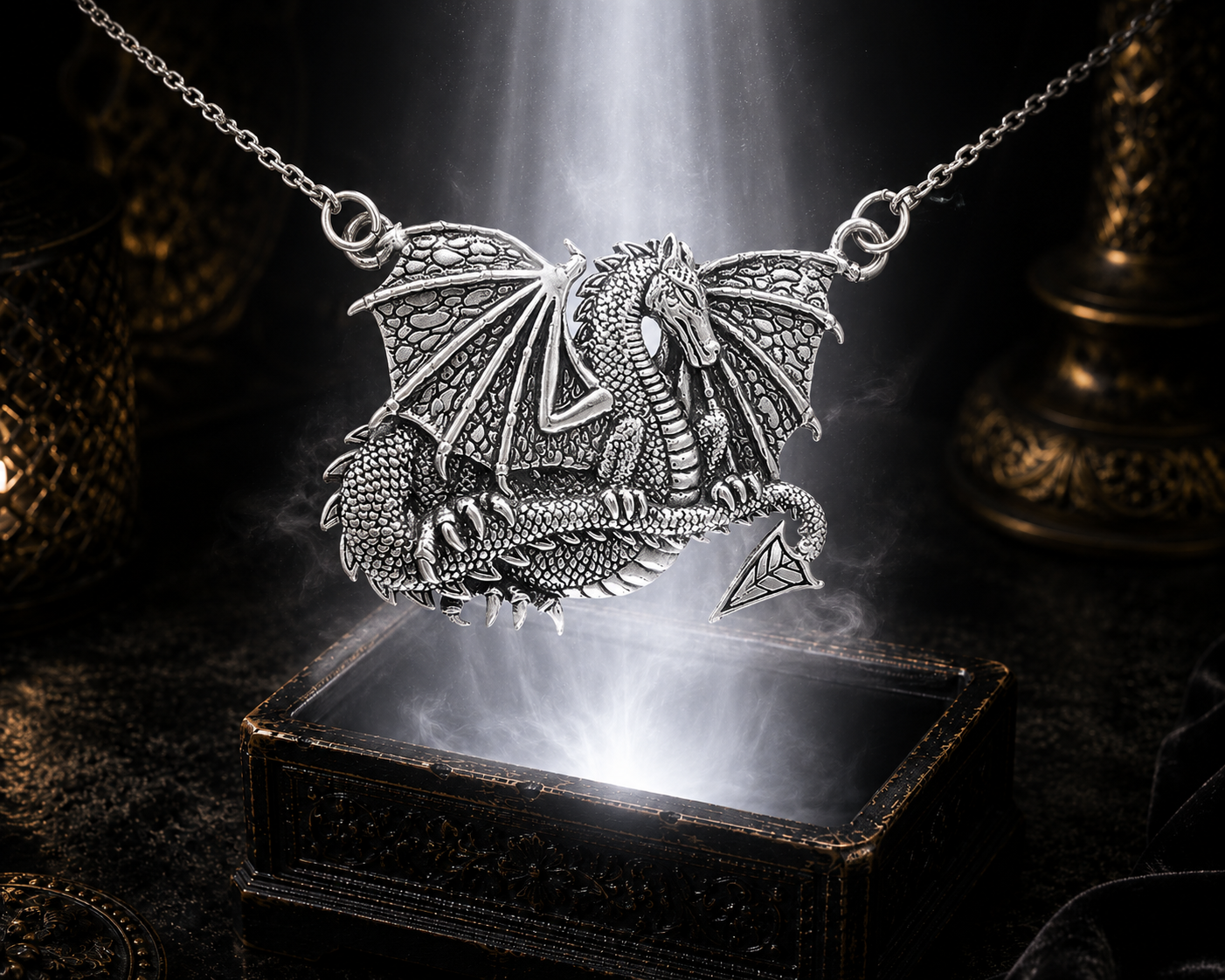Sterling silver majestic winged dragon necklace floating above an ornate jewelry box surrounded by soft mystical light in a dark luxury setting with cinematic shadows and realistic reflections.