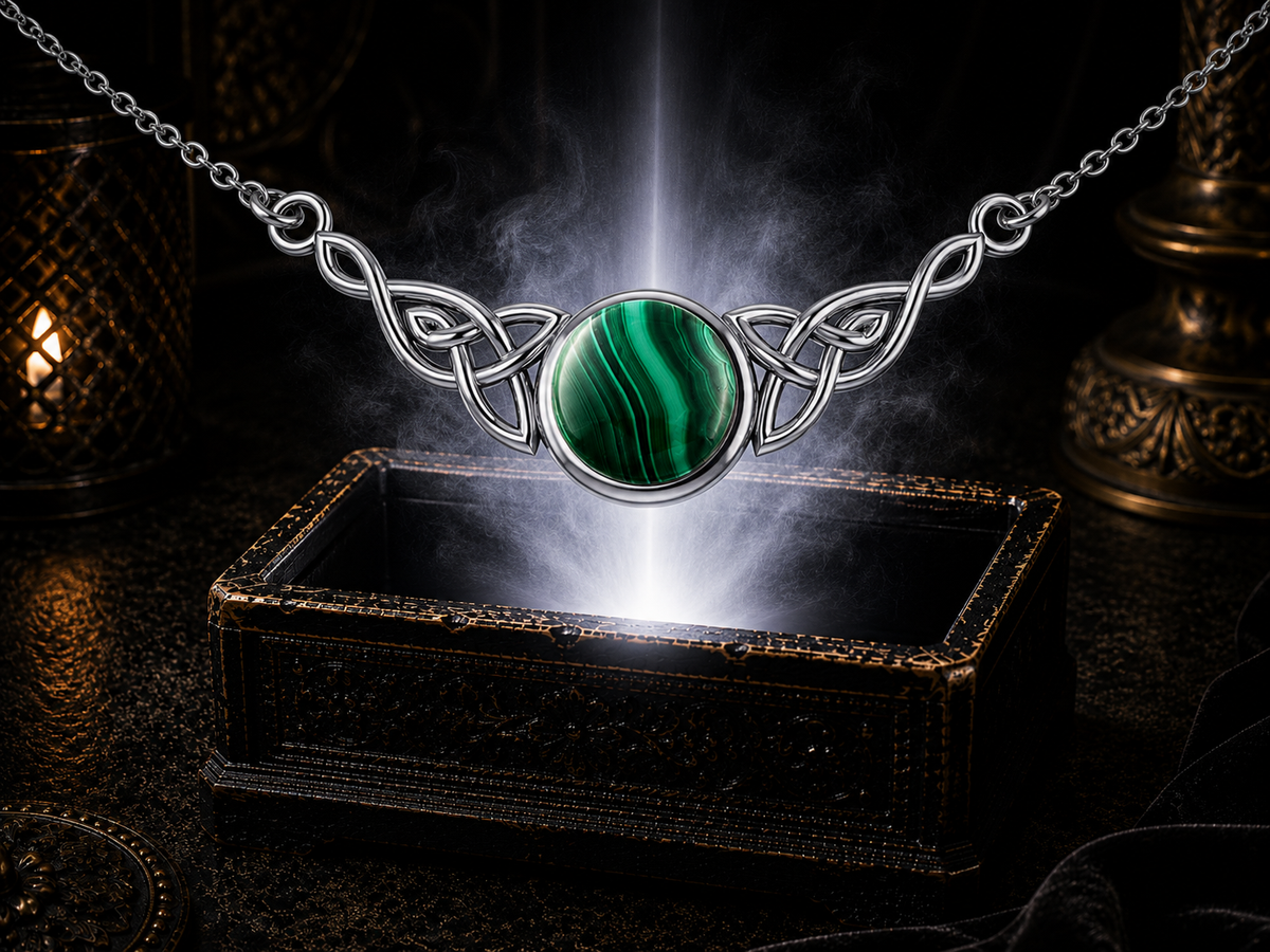 Malachite Celtic knot sterling silver necklace displayed above an ornate jewelry box in a refined shadowed setting