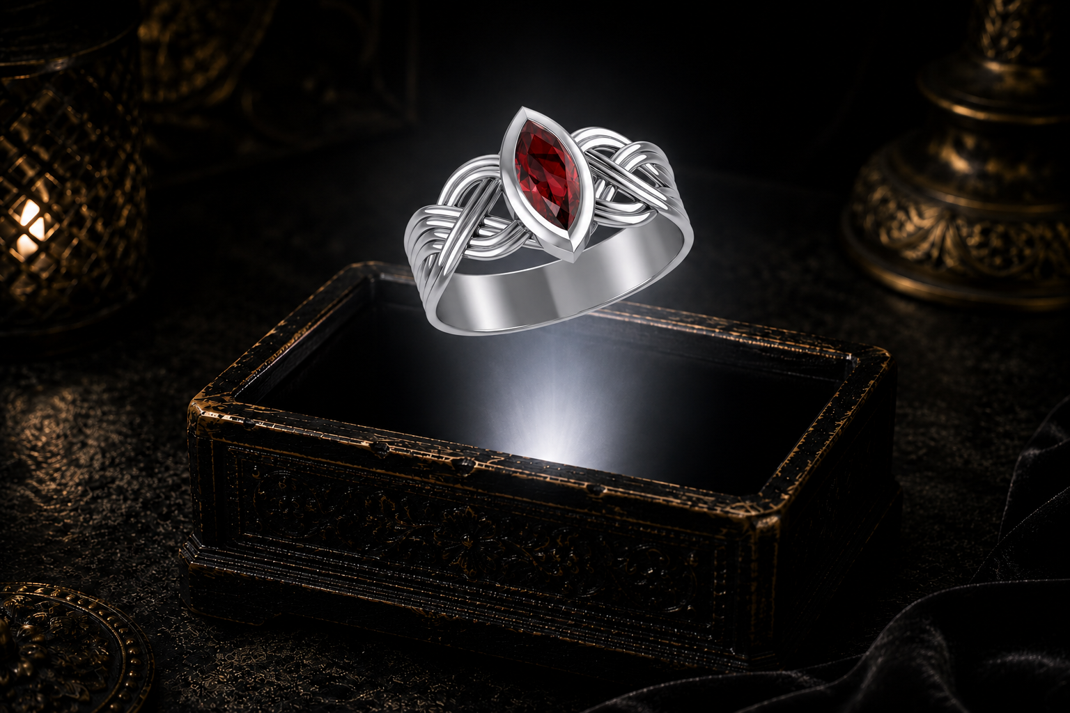 Sterling silver Celtic interwoven strand ring with a marquise-cut garnet showcased above an antique jewelry chest in a dramatic macro jewelry scene with a neutral white beam of light.