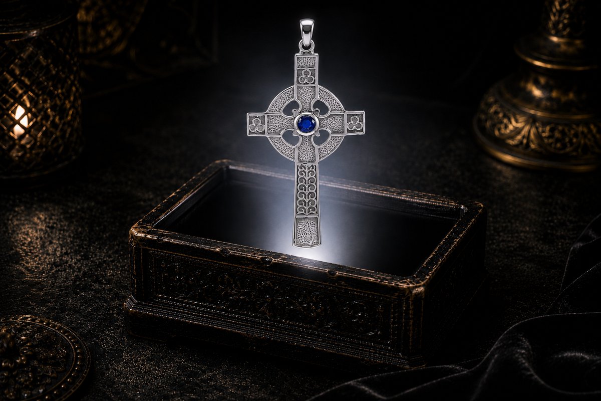 Medieval Celtic cross pendant in sterling silver with a round created sapphire, three-lobed trefoil accents, raised borders, and textured surfaces.