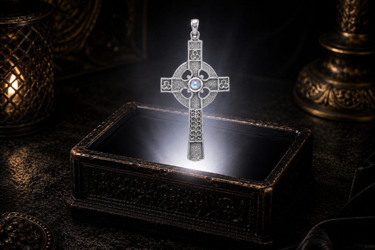 Celtic cross pendant in textured sterling silver with genuine rainbow moonstone, trefoil motifs, openwork center, and medieval-inspired detailing.