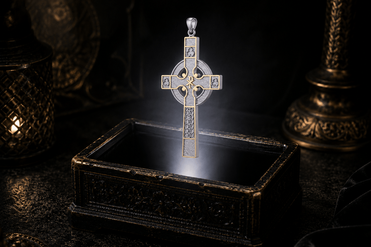 Medieval Celtic cross pendant in sterling silver with gold-plated borders, a circular halo, textured panels, and a central Chi-Rho motif