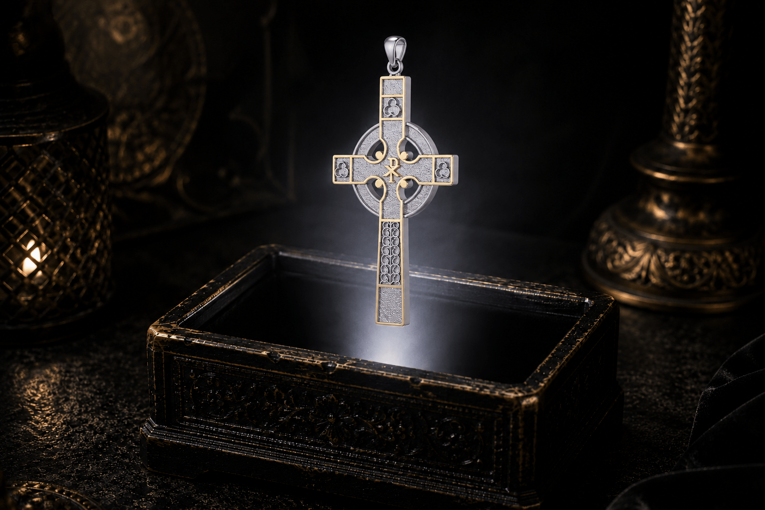 Medieval Celtic cross pendant in sterling silver with gold-plated borders, a circular halo, textured panels, and a central Chi-Rho motif