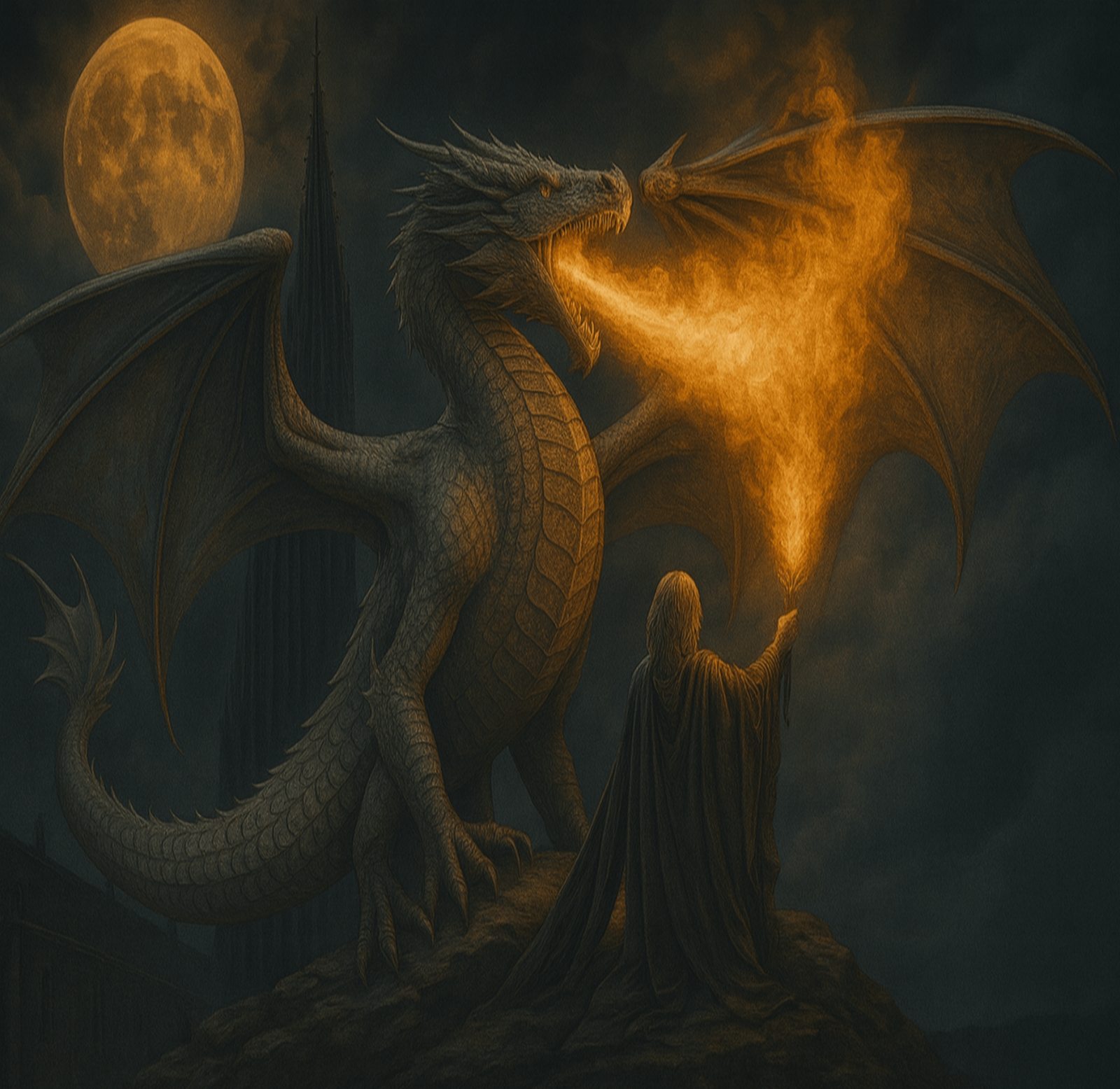 Fire-breathing dragon beneath a glowing moon in a dark mystical landscape