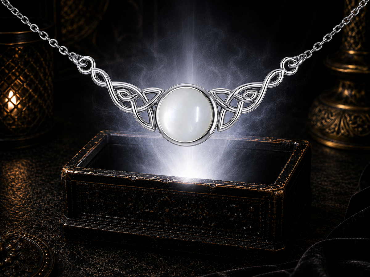 Moonstone Celtic knot sterling silver necklace illuminated above an ornate jewelry chest in a dark elegant setting