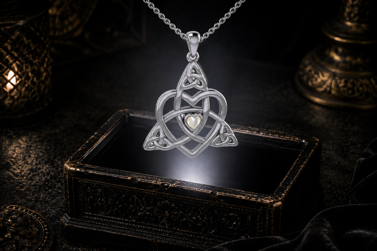 Mother-of-pearl Celtic Trinity heart pendant on a sterling silver cable chain suspended above an antique jewelry box in a neutral white light beam