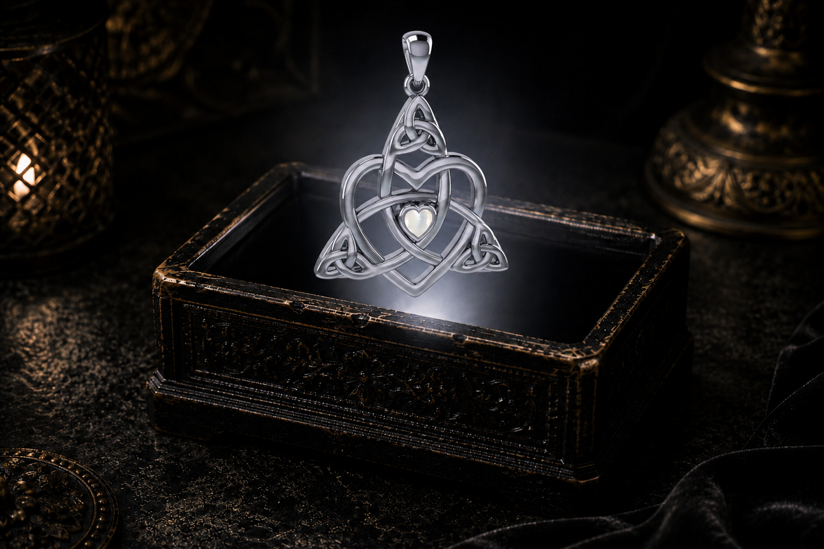 Sterling silver Celtic heart pendant with Trinity knotwork and a heart-shaped mother-of-pearl center hovering above an ornate antique jewelry box