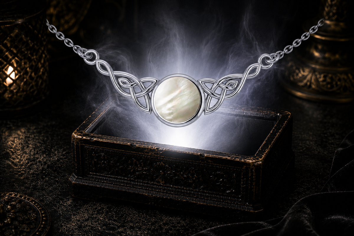 Mother of pearl Celtic knot sterling silver filigree necklace surrounded by radiant light above a luxurious jewelry box