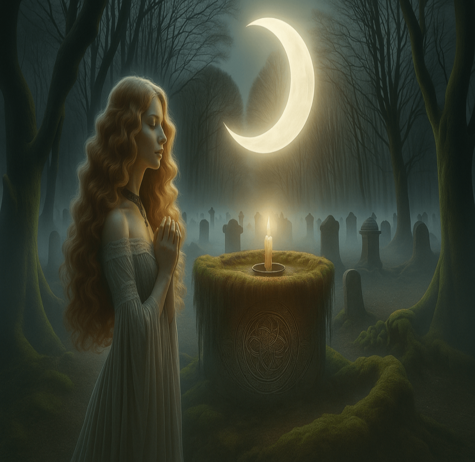 Mystical woman beneath a glowing crescent moon in a dark enchanted forest
