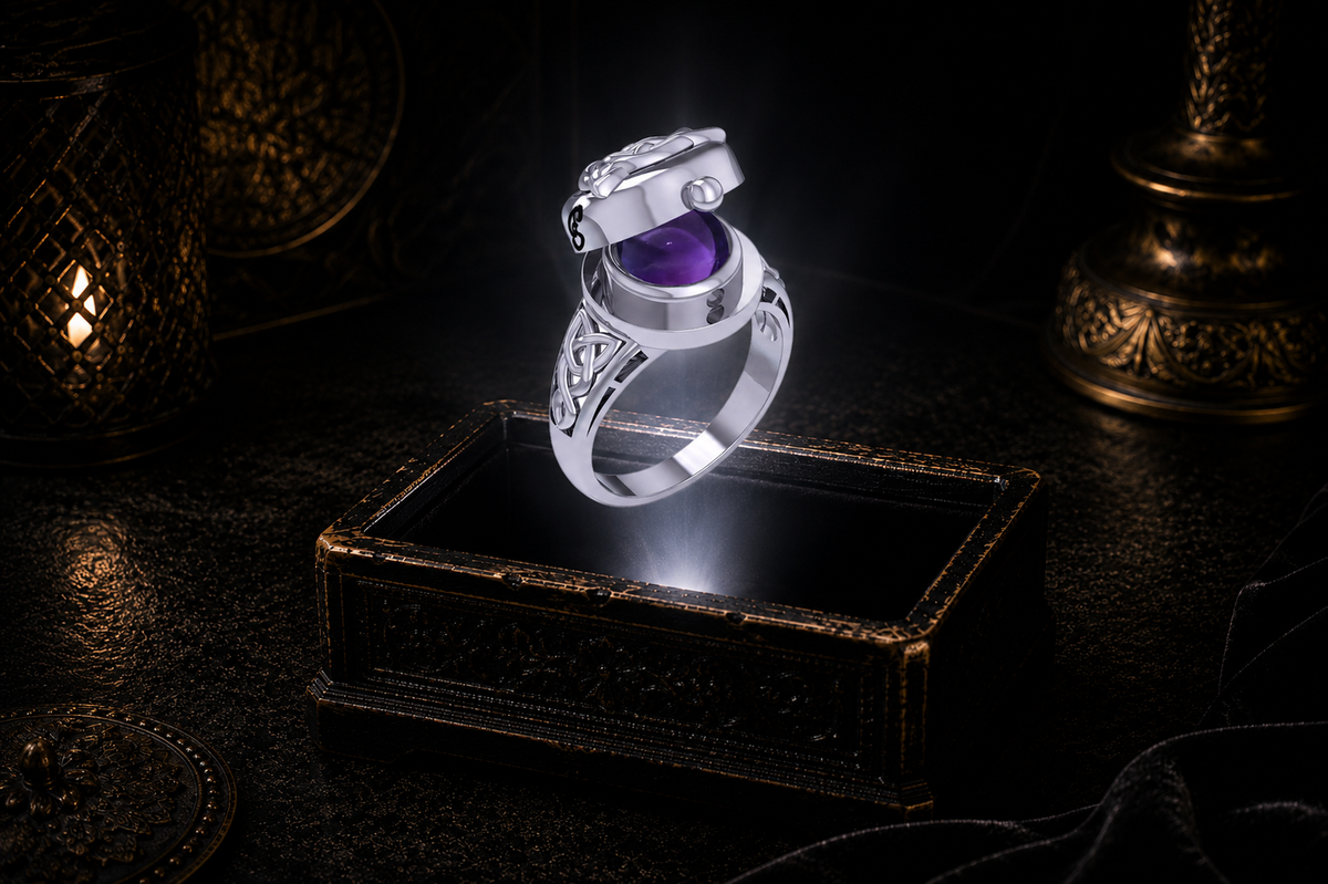 Sterling silver mystical Triquetra locket ring with amethyst gemstone and hidden cabochon stone floating above a glowing antique jewelry box in a cinematic luxury setting