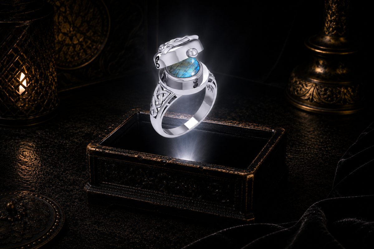 Sterling silver mystical Triquetra locket ring with labradorite gemstone and hidden cabochon stone floating above an illuminated antique jewelry box in a cinematic luxury setting
