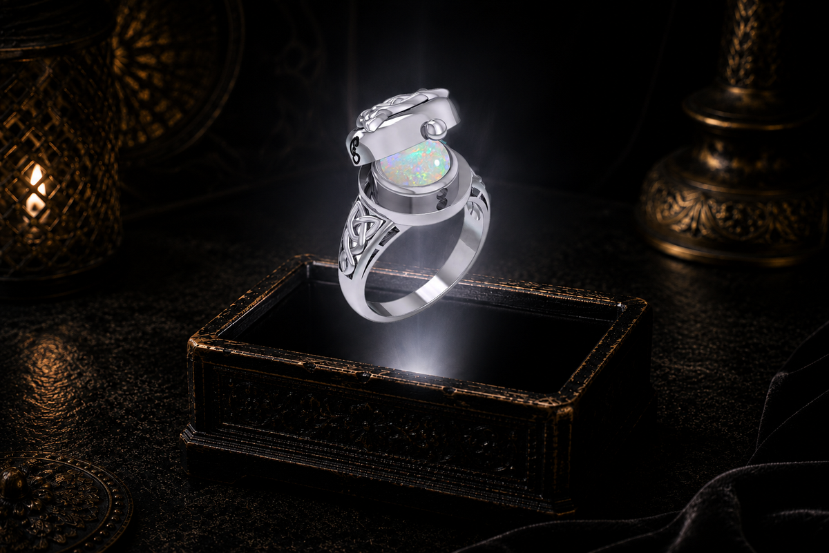 Sterling silver mystical Triquetra locket ring with opal gemstone and hidden cabochon stone displayed above a glowing antique jewelry box in a cinematic luxury scene