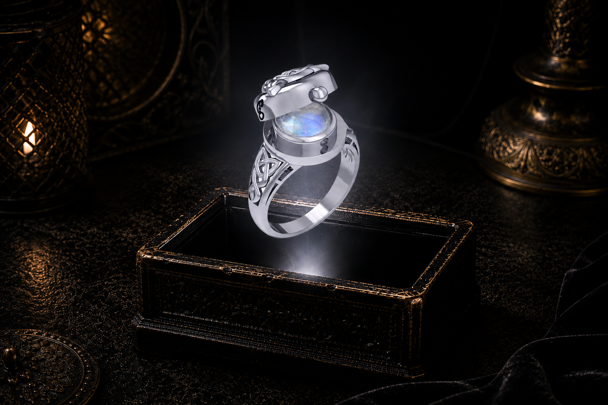Sterling silver mystical Triquetra locket ring with rainbow moonstone gemstone and hidden cabochon stone hovering above an illuminated antique jewelry box in a cinematic luxury setting