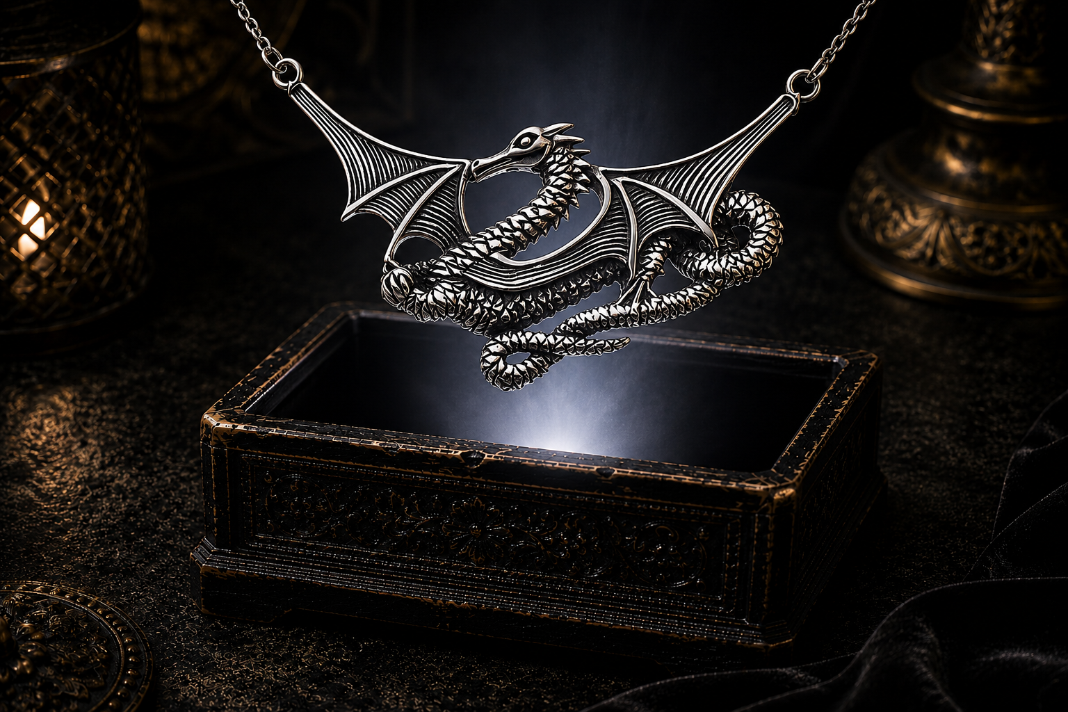 Mythical sterling silver sea dragon necklace displayed above an ornate jewelry box against a shadowed luxury backdrop