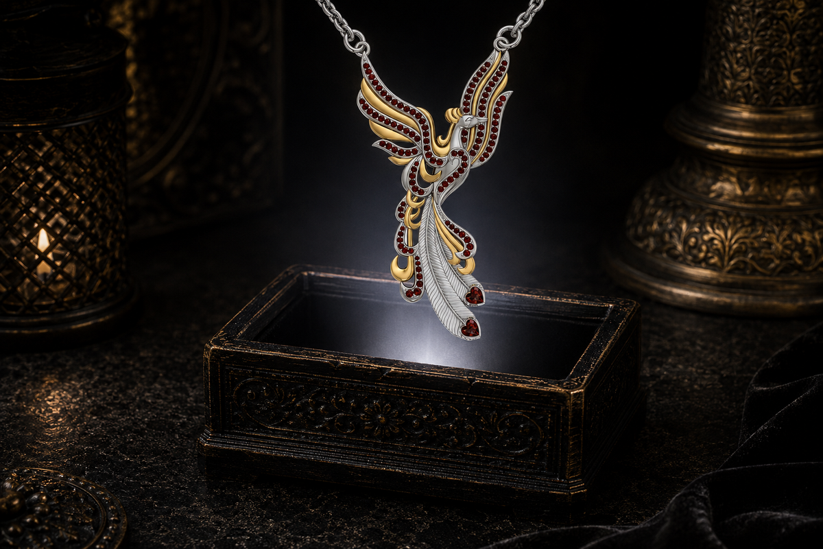Garnet phoenix necklace in sterling silver and gold with gemstone-lined wings, engraved feather details, and heart-shaped tail stones