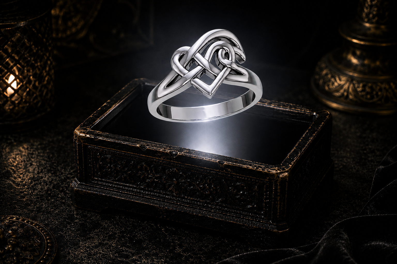 Sterling silver ocean wave heart Celtic ring floating above a glowing antique jewelry box in a cinematic luxury setting