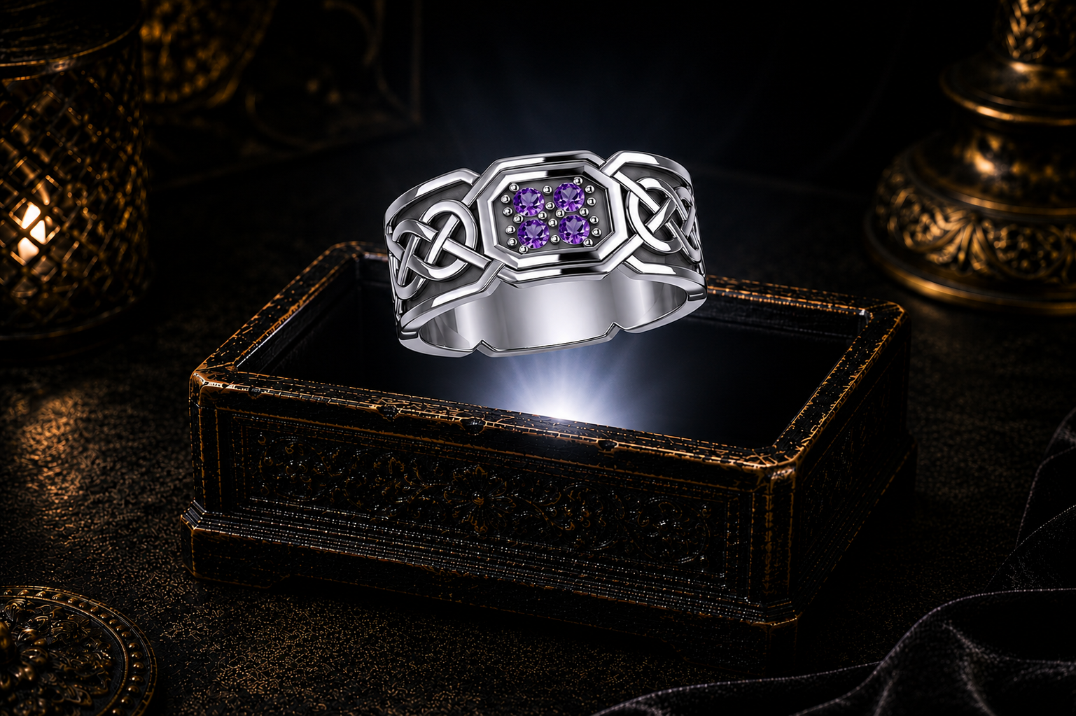 Octagonal sterling silver Celtic eternity knot band ring with amethyst gemstones floating above a glowing antique jewelry box in a cinematic luxury setting