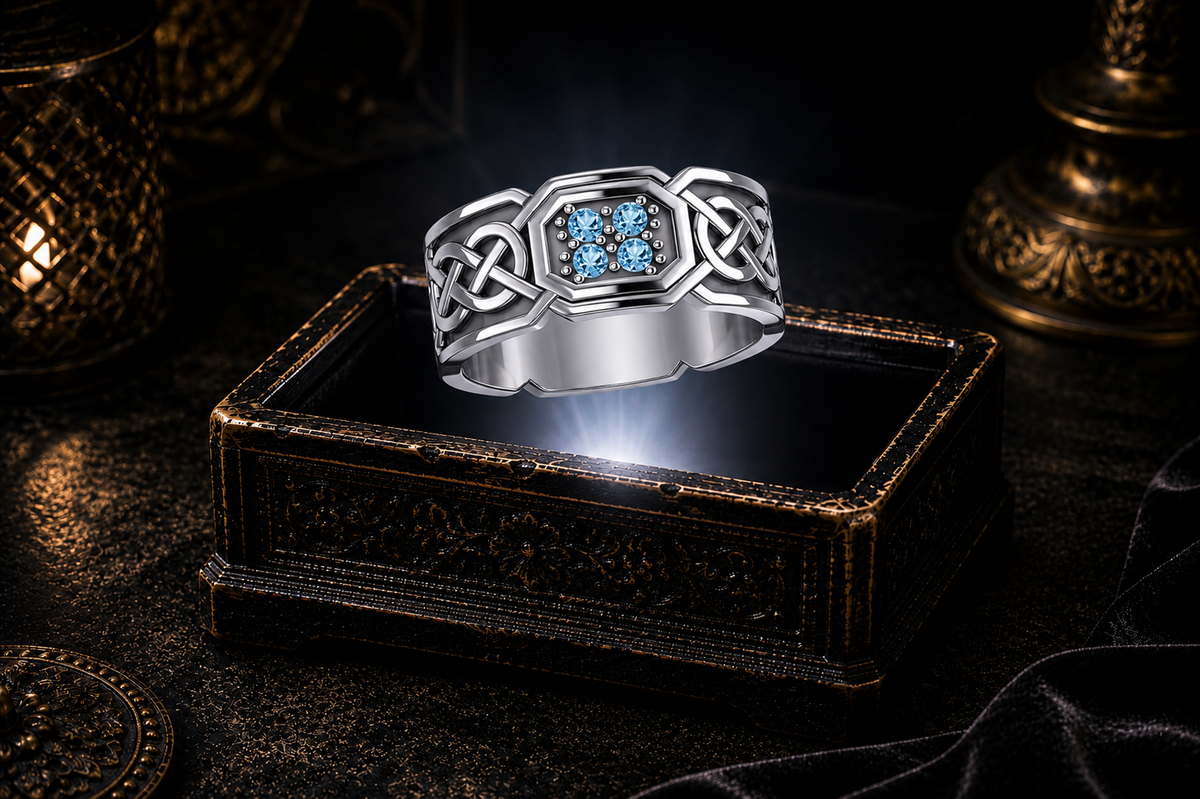 Octagonal sterling silver Celtic eternity knot band ring with blue topaz gemstones illuminated above an antique jewelry box with cinematic lighting