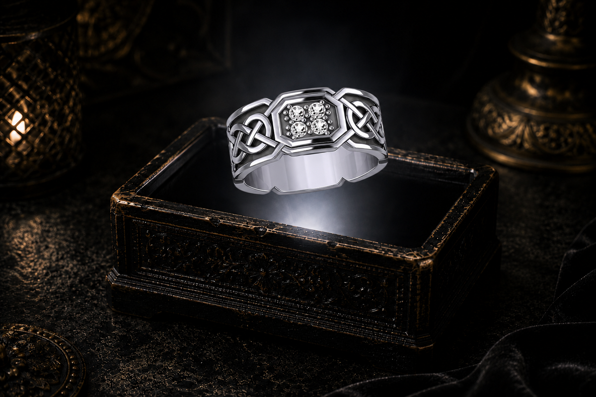 Octagonal sterling silver Celtic eternity knot band ring with cubic zirconia gemstones floating above a glowing antique jewelry box in a cinematic luxury setting