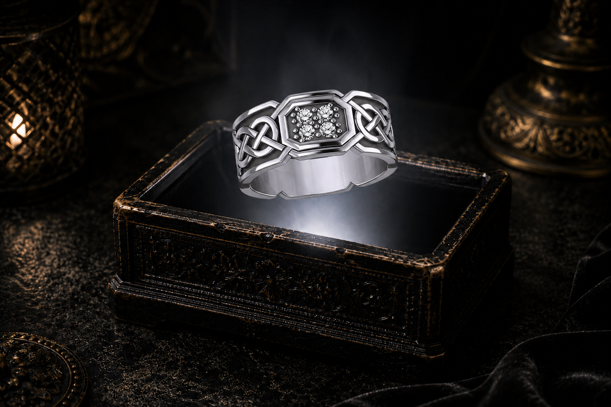 Octagonal sterling silver Celtic eternity knot band ring with diamond gemstones showcased above a glowing antique jewelry box in a luxurious cinematic atmosphere