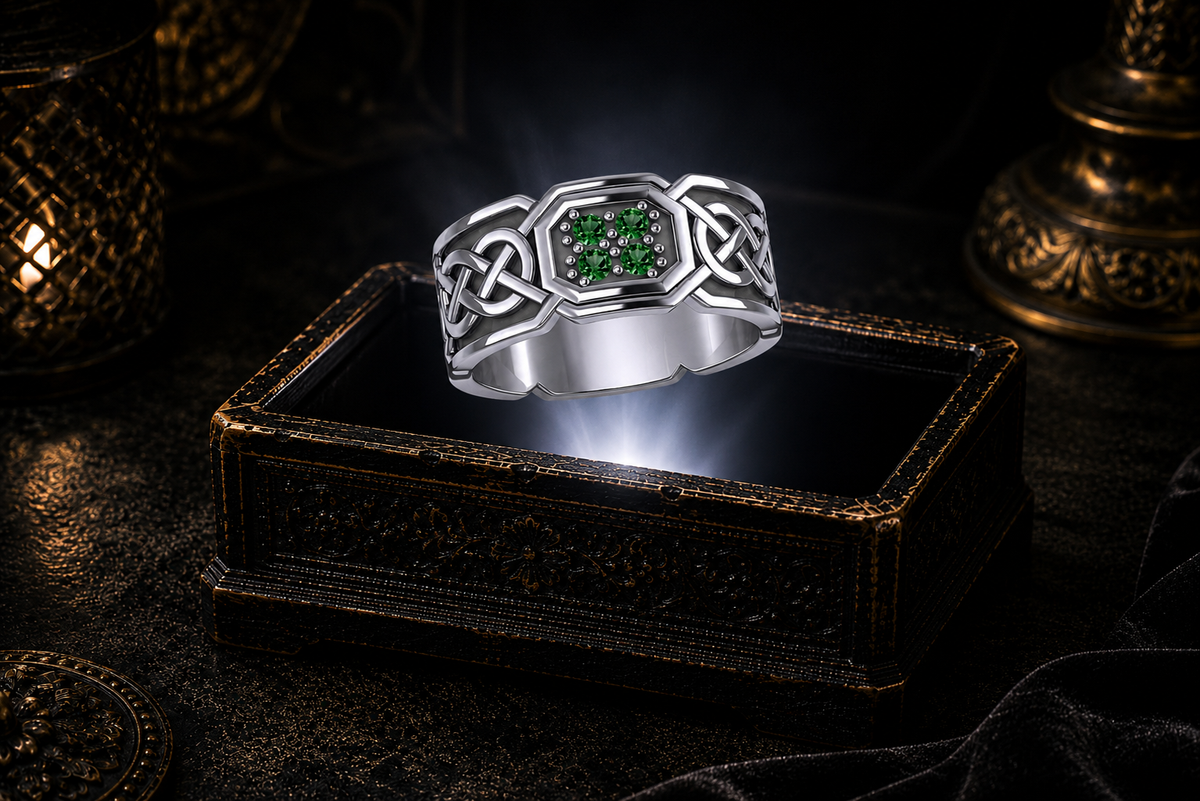 Octagonal sterling silver Celtic eternity knot band ring with emerald green gemstones floating above an illuminated antique jewelry box in a cinematic fantasy setting