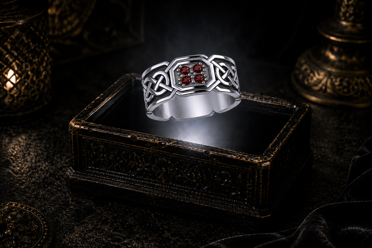 Octagonal sterling silver Celtic eternity knot band ring with garnet gemstones displayed above a glowing antique jewelry box in a dramatic cinematic scene