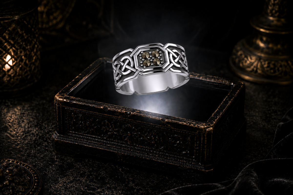 Octagonal sterling silver Celtic eternity knot band ring with marcasite gemstones hovering above a radiant antique jewelry box in a dark luxury setting