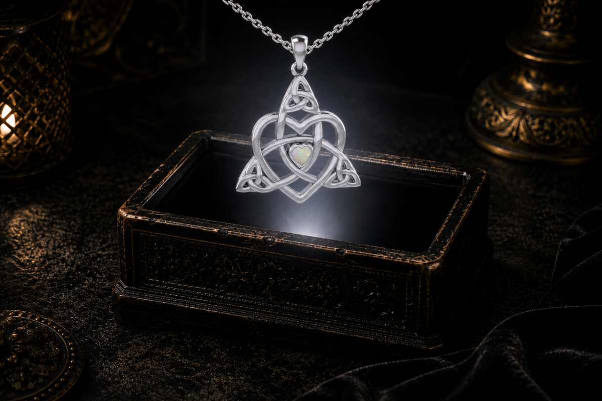 Opal Celtic Trinity heart pendant with sterling silver cable chain suspended above an ornate jewelry box with warm atmospheric lighting