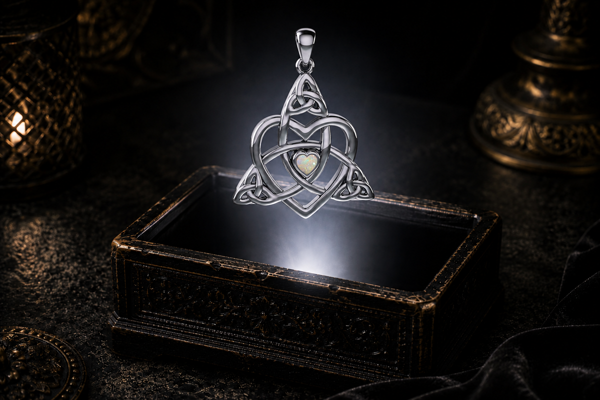 Sterling silver Celtic heart pendant with Trinity knotwork and a heart-shaped opal hovering in a neutral white beam above an antique jewelry box