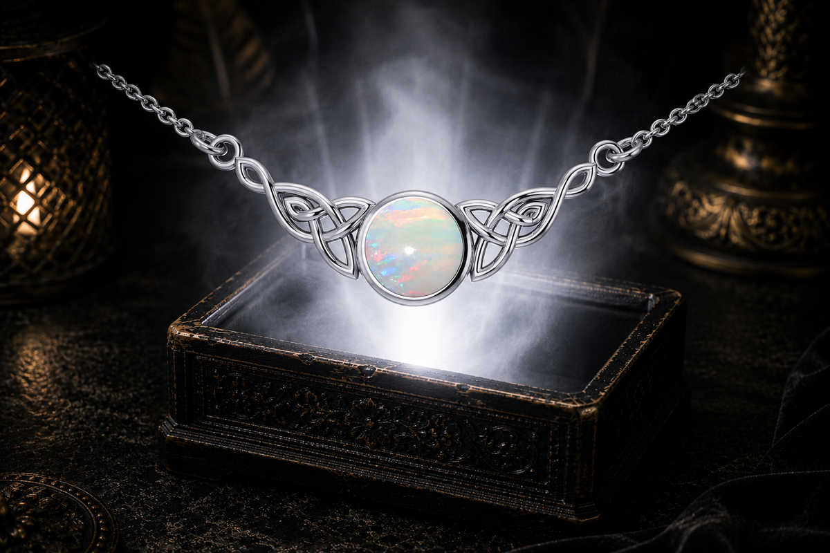 Opal Celtic knot sterling silver filigree necklace showcased in a dark luxury environment with elegant glowing reflections