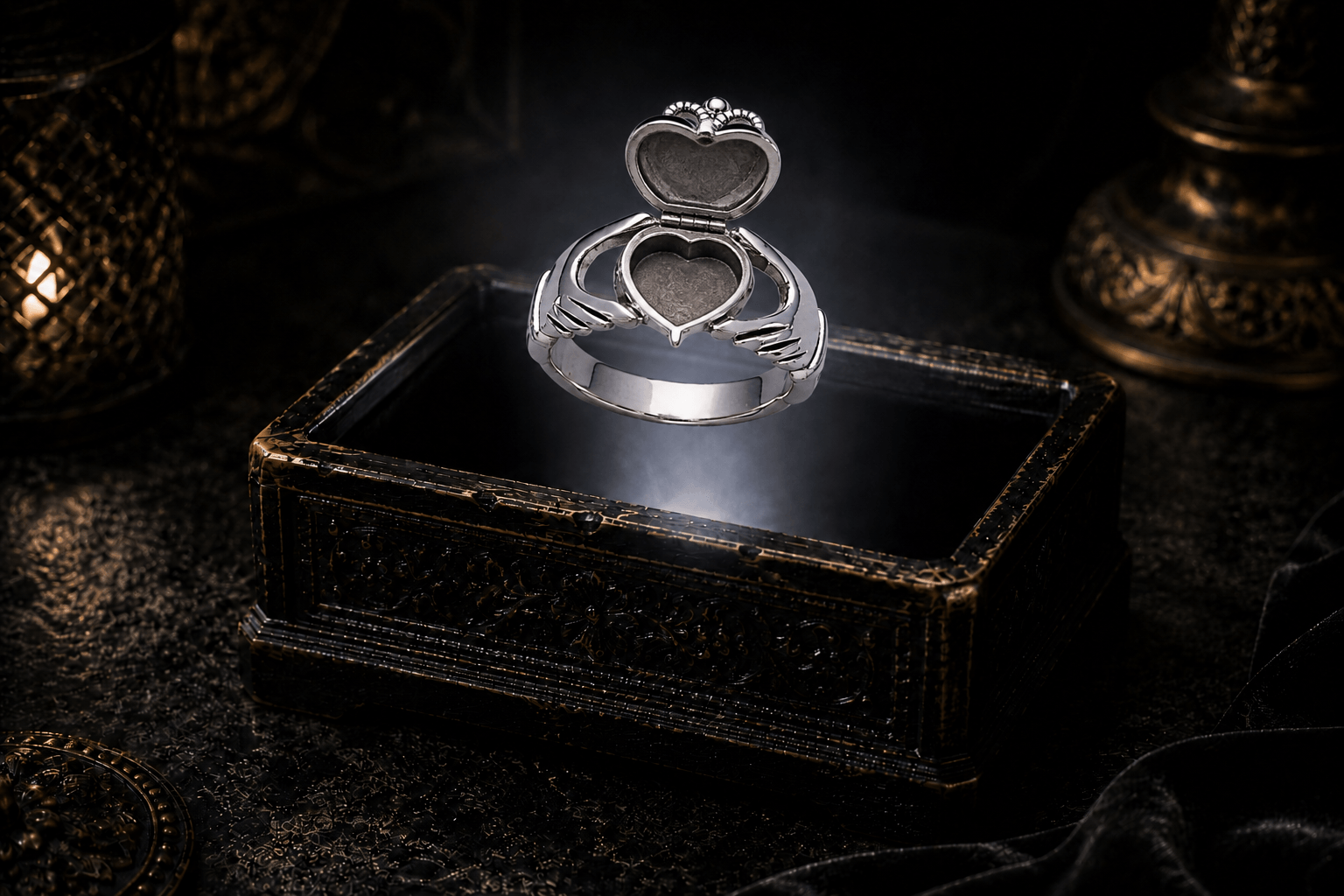 Closed sterling silver Claddagh poison ring with a smooth white heart inlay, floating above an ornate antique jewelry box in warm candlelight.