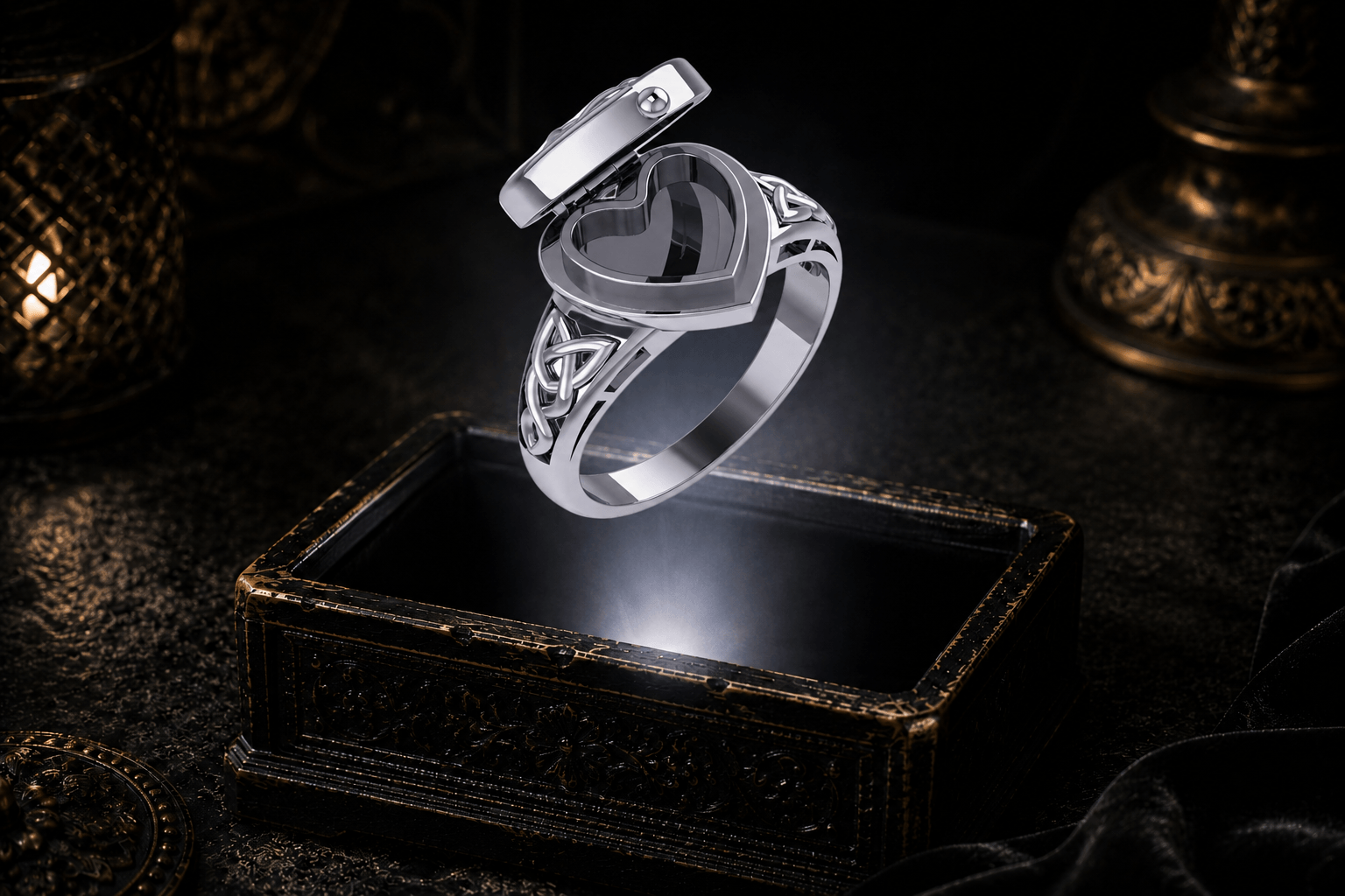 Sterling silver heart-shaped poison ring with Celtic knotwork floating above an ornate jewelry box