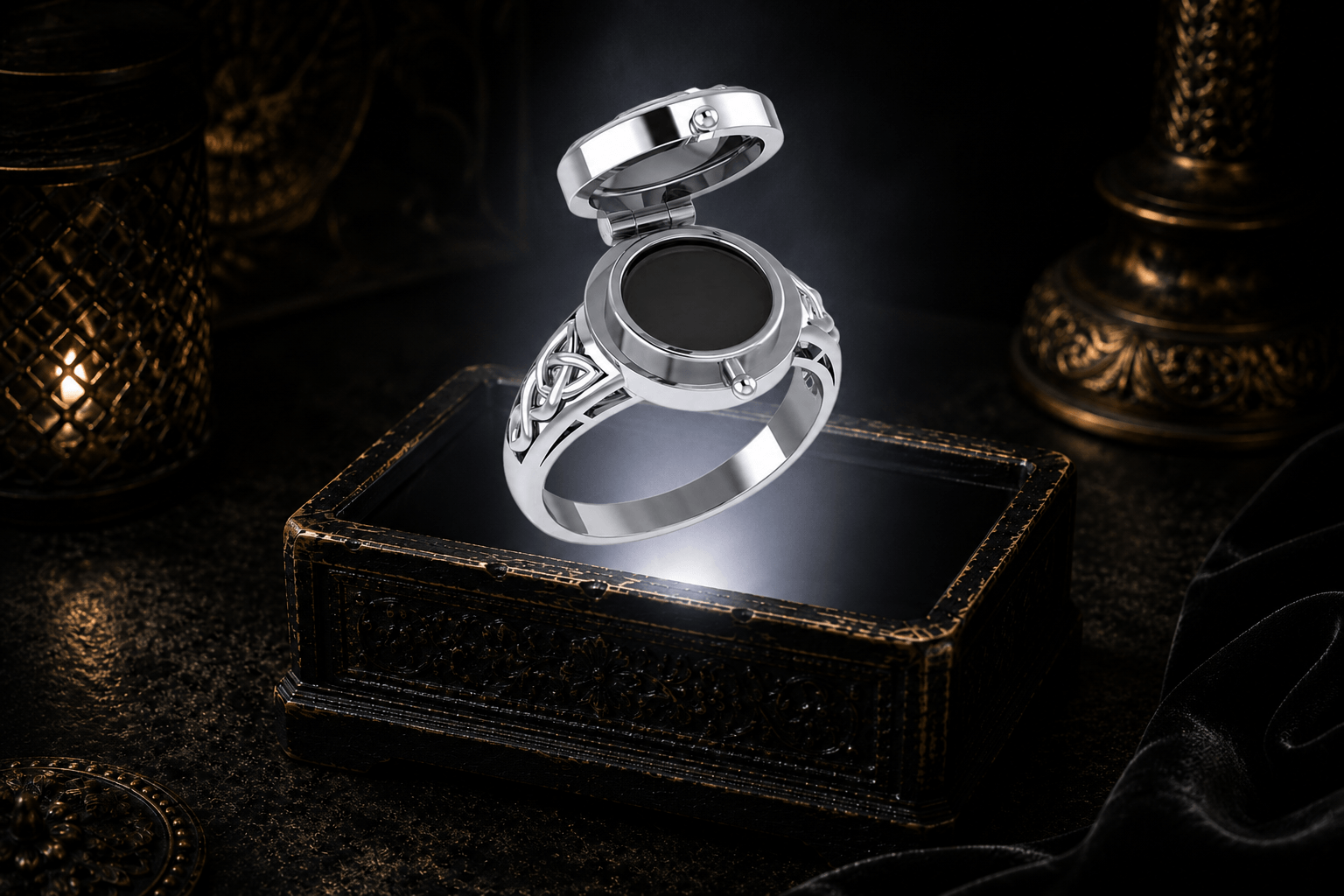 Celtic poison ring suspended above an ornate jewelry box in a neutral white beam of light
