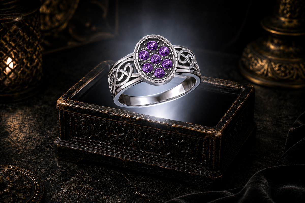 Oval Celtic sterling silver ring with amethyst stud accent gemstones and Celtic knot detailing by Avadore