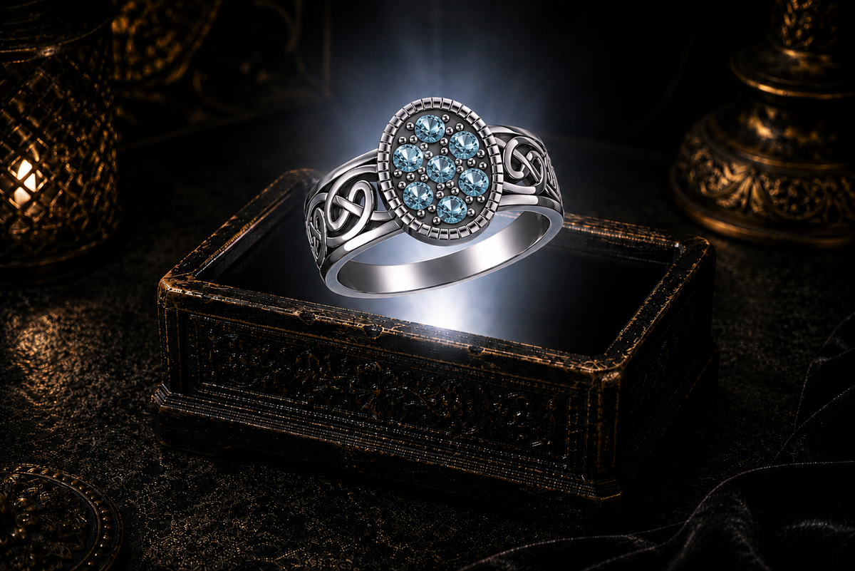 Oval Celtic sterling silver ring with blue topaz stud accent gemstones and Celtic knot detailing by Avadore