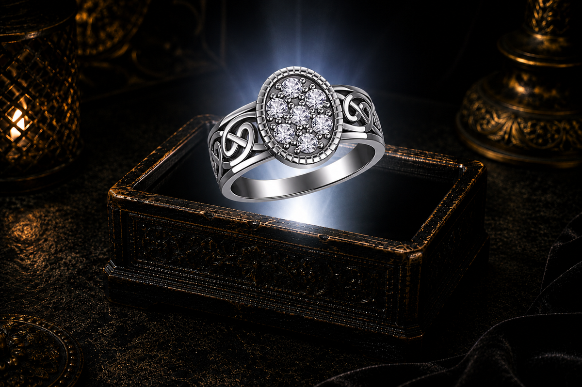Oval Celtic sterling silver ring with cubic zirconia stud accent gemstones and Celtic knot detailing by Avadore