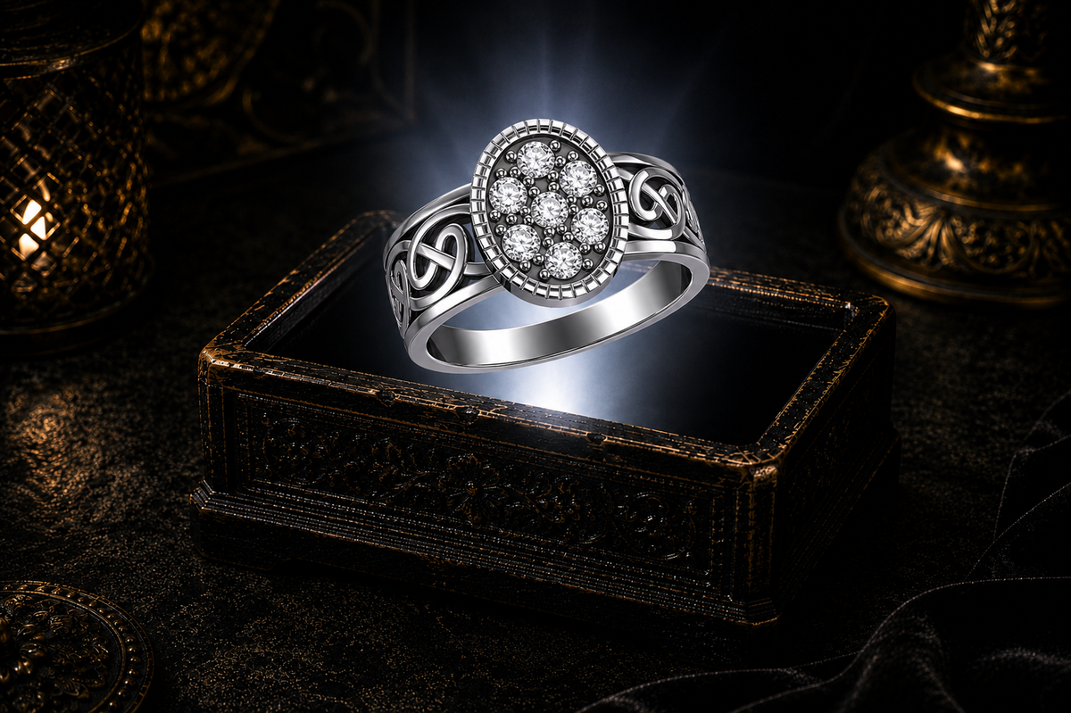 Oval Celtic sterling silver ring with diamond stud accent gemstones and Celtic knot detailing by Avadore