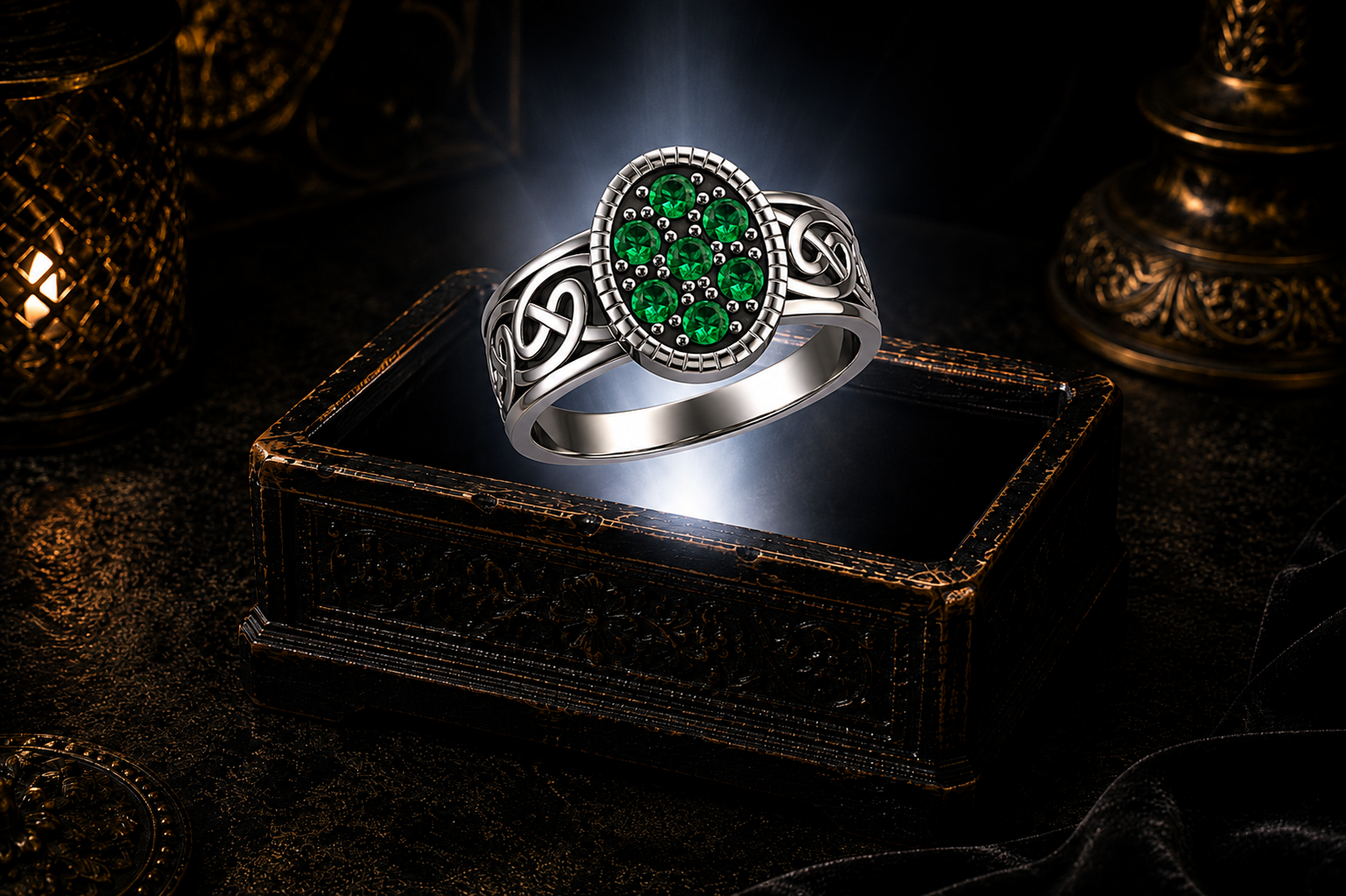 Oval Celtic sterling silver ring with emerald glass stud accent gemstones and Celtic knot detailing by Avadore