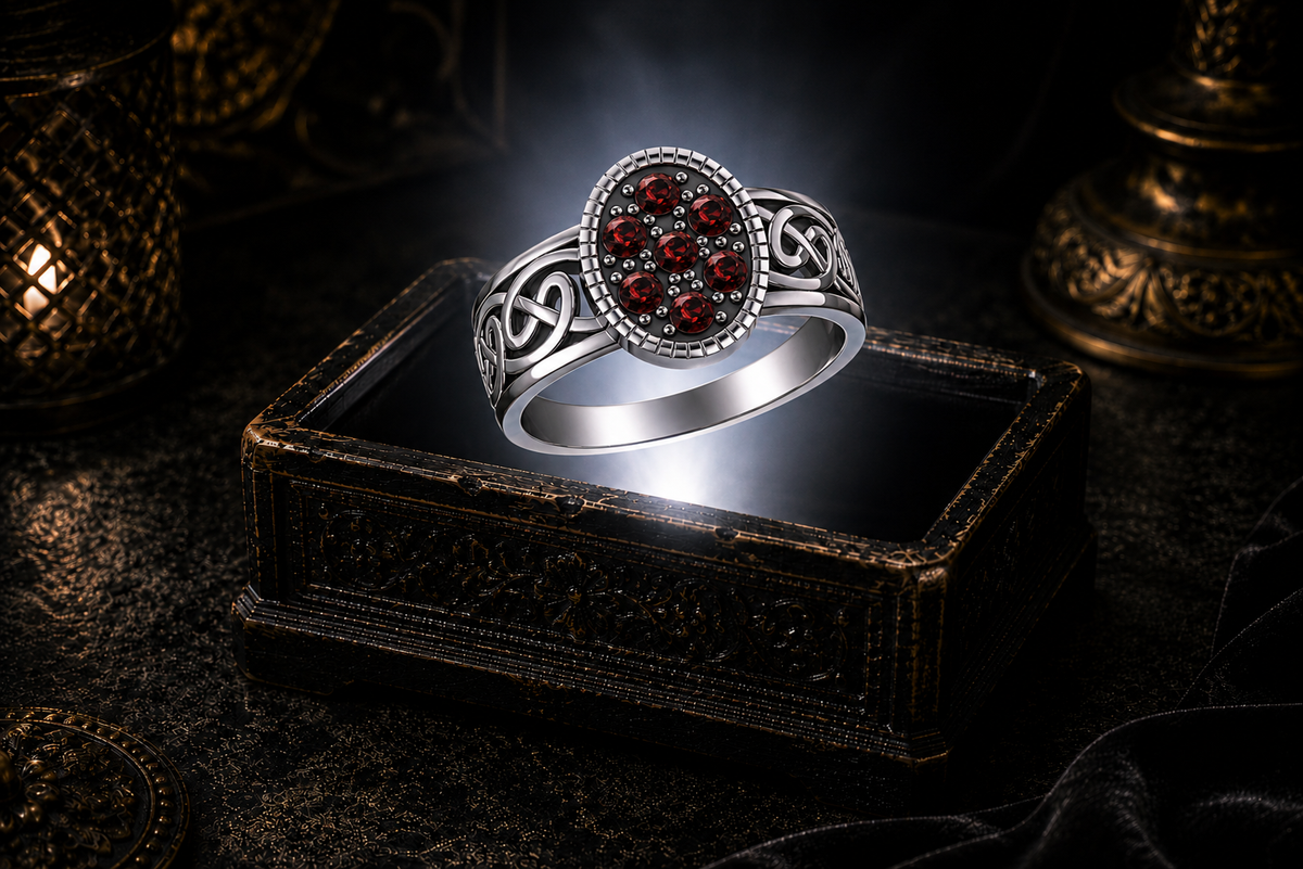 Oval Celtic sterling silver ring with garnet stud accent gemstones and Celtic knot detailing by Avadore
