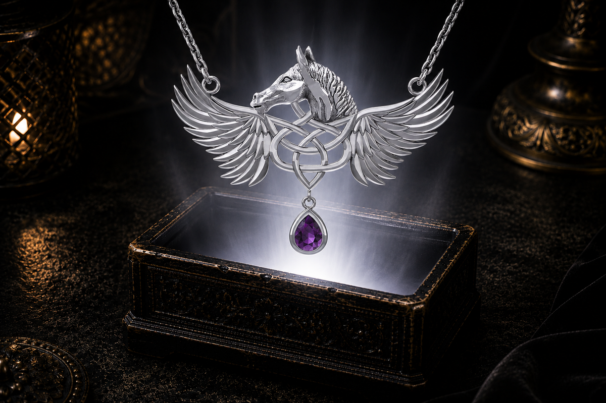 Sterling silver Pegasus necklace with amethyst gemstone floating above a luminous ornate jewelry box in a dark cinematic setting