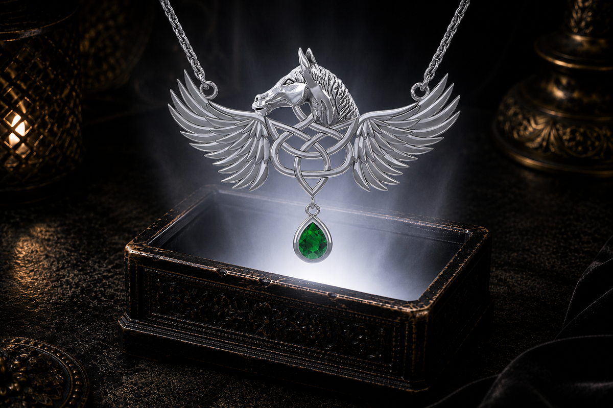 Celtic Pegasus sterling silver necklace with emerald glass gemstone illuminated above an ornate jewelry chest surrounded by soft glowing light