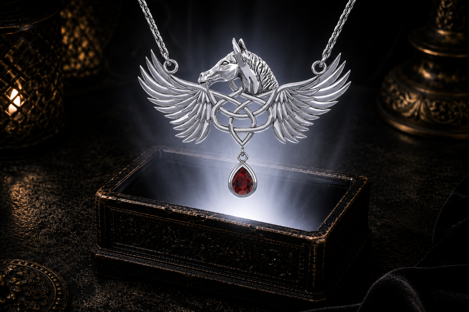 Sterling silver winged horse necklace with garnet gemstone floating in a mystical luxury scene above a glowing jewelry box